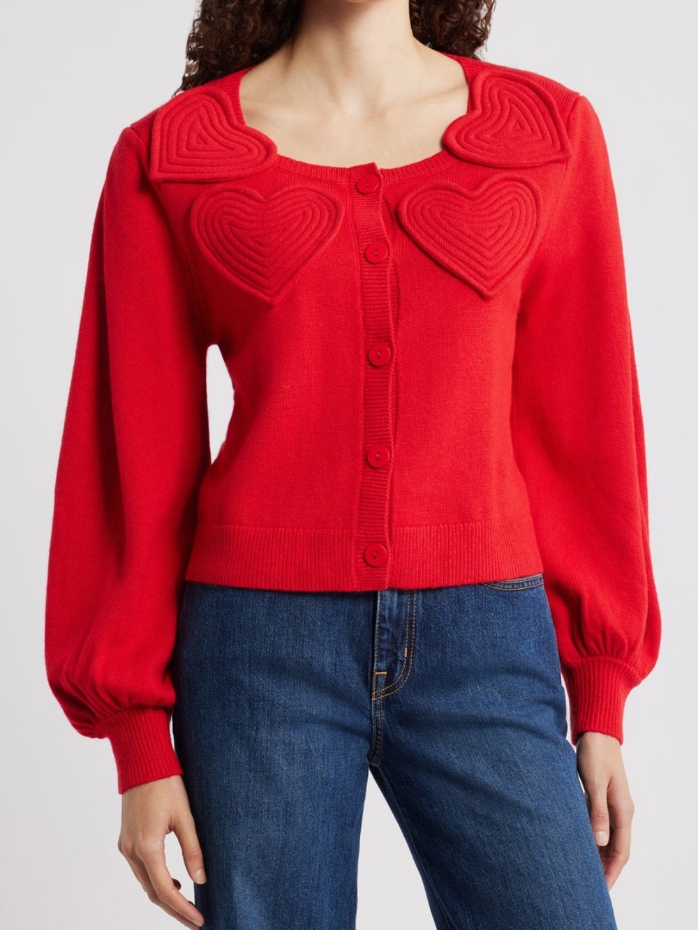 FARM Rio Red Heart-Appliqué Button-Front Cardigan
